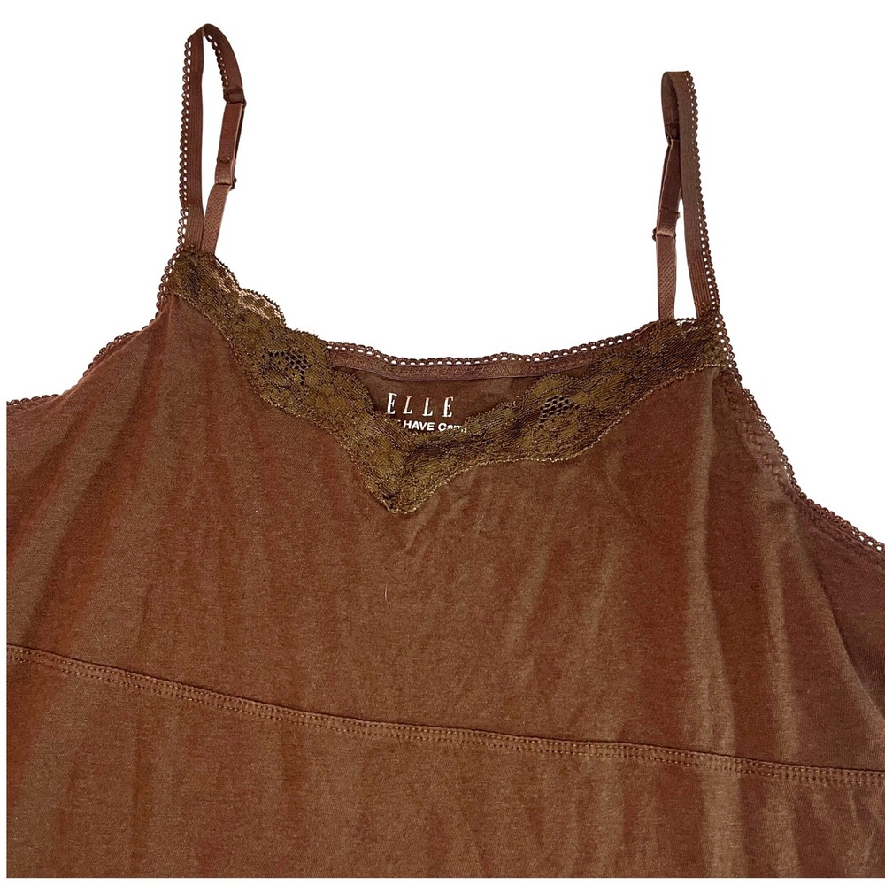 Elle Must Have Cami Brown Lace Trim Pima babydoll Tank Top Womens Large Y2K 90s